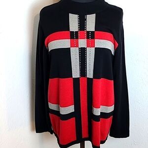 Allison Daley Black, Gray & Red Pullover Sweater w/Jewels in the Front, Size XL